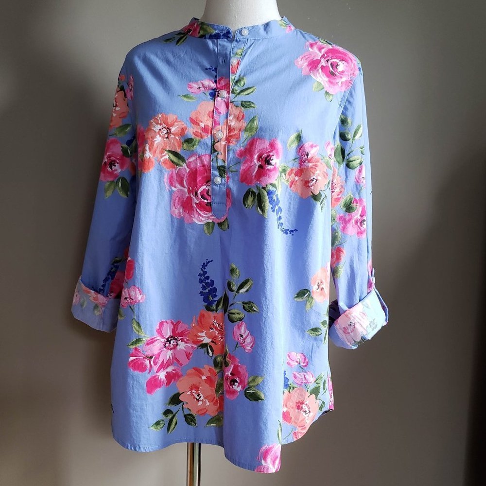 Talbots Floral Cotton Roll-tab Sleeve Blouse M